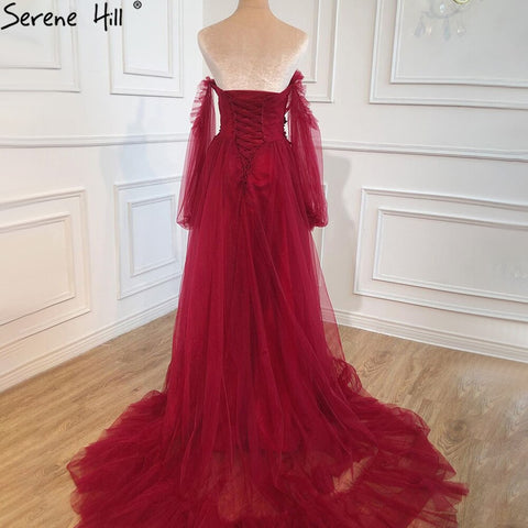Wine Red Simple Sexy Evening Dresses Gowns 2025 Long Puff Sleeves Lace Up For Women Party Dress HA2443