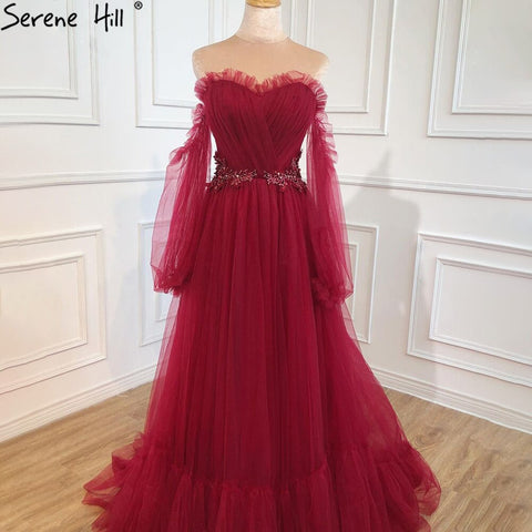 Wine Red Simple Sexy Evening Dresses Gowns 2025 Long Puff Sleeves Lace Up For Women Party Dress HA2443