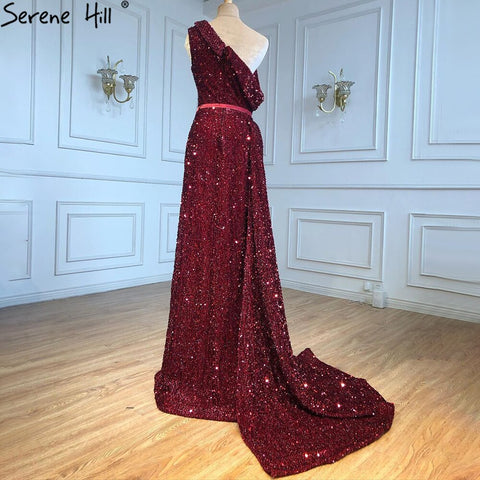 Wine Red Split A-Line Luxury Evening Dresses Gowns 2025 One Shoulder Sexy For Women Party LA71005