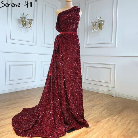 Wine Red Split A-Line Luxury Evening Dresses Gowns 2025 One Shoulder Sexy For Women Party LA71005