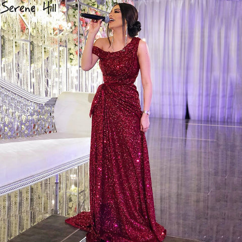 Wine Red Split A-Line Luxury Evening Dresses Gowns 2025 One Shoulder Sexy For Women Party LA71005