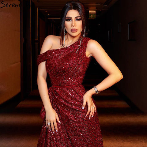 Wine Red Split A-Line Luxury Evening Dresses Gowns 2025 One Shoulder Sexy For Women Party LA71005