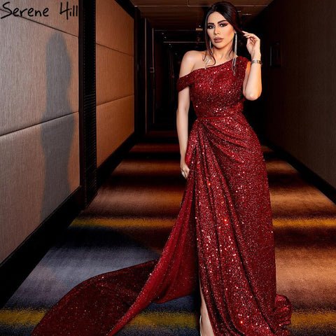 Wine Red Split A-Line Luxury Evening Dresses Gowns 2025 One Shoulder Sexy For Women Party LA71005