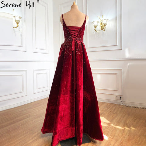 On Sale no return no refundSale Wine Red Velvet Luxury Evening Dresses Gowns 2025 A-Line Beading Sexy For Women Party LA70956