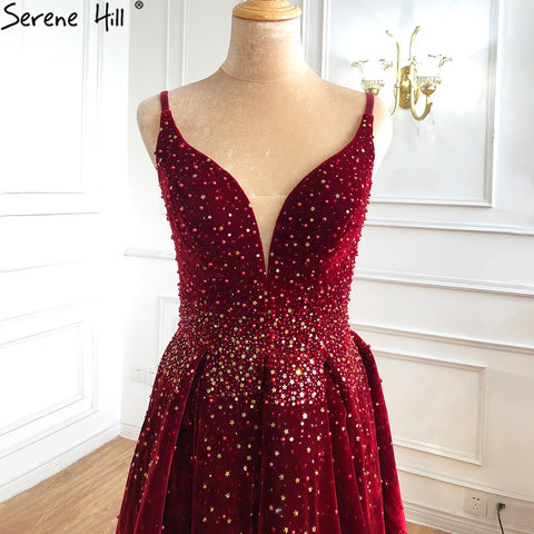 On Sale no return no refundSale Wine Red Velvet Luxury Evening Dresses Gowns 2025 A-Line Beading Sexy For Women Party LA70956