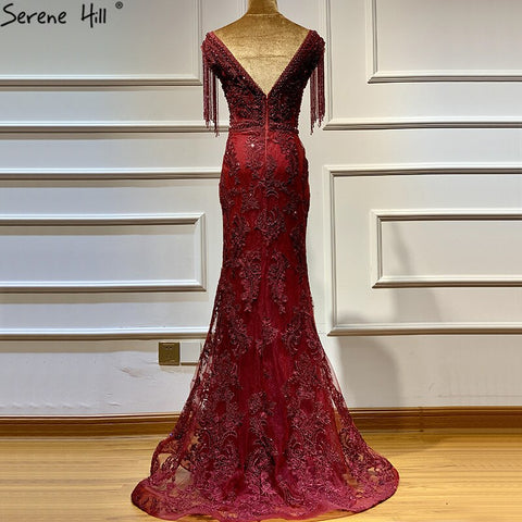Wine Red with  Removable Sashes Evening Gowns 2025 Dubai  Plus Size  Beading Tassel Luxury Formal Dress LA60846