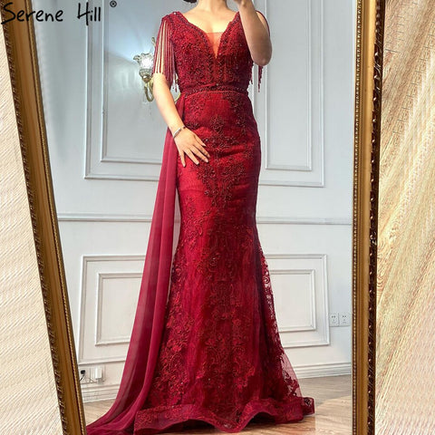Wine Red with  Removable Sashes Evening Gowns 2025 Dubai  Plus Size  Beading Tassel Luxury Formal Dress LA60846