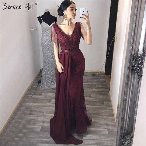 Wine Red with  Removable Sashes Evening Gowns 2025 Dubai  Plus Size  Beading Tassel Luxury Formal Dress LA60846