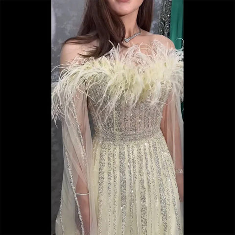 Yellow A Line Cape Sleeves Beaded Feathers Arabic Long Evening Dresses Gowns For Women Wedding Party 2025 LA72190