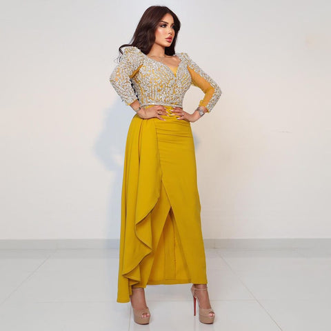 Yellow Long Sleeves Mermaid Evening Dresses with Skirt Beaded Dubai Mid Length Party Gowns 2025 For Woman LA72079