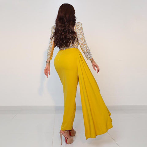 Yellow Long Sleeves Mermaid Evening Dresses with Skirt Beaded Dubai Mid Length Party Gowns 2025 For Woman LA72079