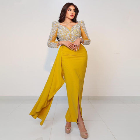 Yellow Long Sleeves Mermaid Evening Dresses with Skirt Beaded Dubai Mid Length Party Gowns 2025 For Woman LA72079