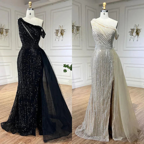 Yellow One Shoulder Black High Split Mermaid Beaded Evening Dresses Gowns for Women Wedding Party 2025 LA72424