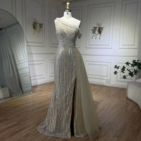 Yellow One Shoulder Black High Split Mermaid Beaded Evening Dresses Gowns for Women Wedding Party 2025 LA72424