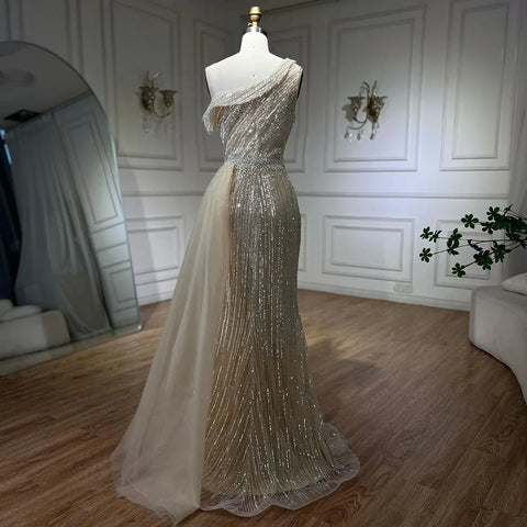 Yellow One Shoulder Black High Split Mermaid Beaded Evening Dresses Gowns for Women Wedding Party 2025 LA72424