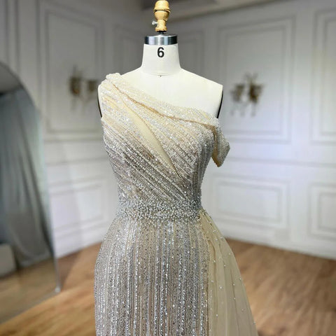 Yellow One Shoulder Black High Split Mermaid Beaded Evening Dresses Gowns for Women Wedding Party 2025 LA72424