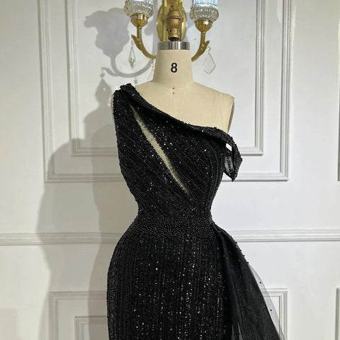 Yellow One Shoulder Black High Split Mermaid Beaded Evening Dresses Gowns for Women Wedding Party 2025 LA72424