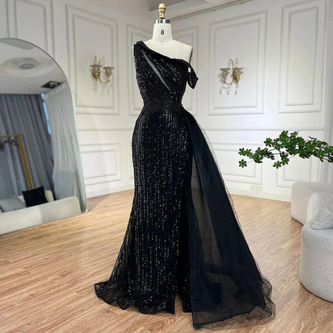 Yellow One Shoulder Black High Split Mermaid Beaded Evening Dresses Gowns for Women Wedding Party 2025 LA72424