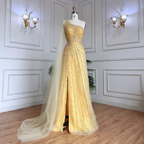 Yellow One-Shoulder Cape Sleeve 2025 Luxury Beaded  Formal Occasion Evening Dresses Gowns For Women Party LA71671