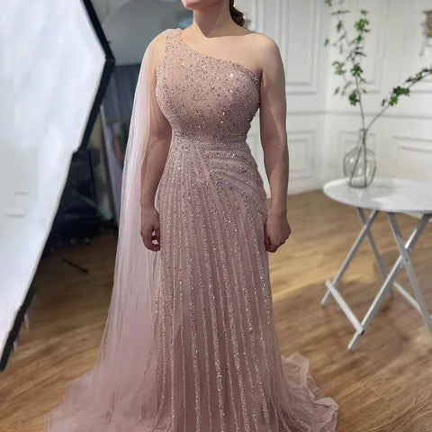 Yellow One-Shoulder Cape Sleeve 2025 Luxury Beaded  Formal Occasion Evening Dresses Gowns For Women Party LA71671