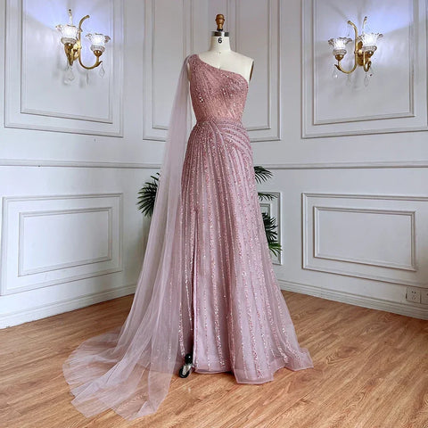 Yellow One-Shoulder Cape Sleeve 2025 Luxury Beaded  Formal Occasion Evening Dresses Gowns For Women Party LA71671