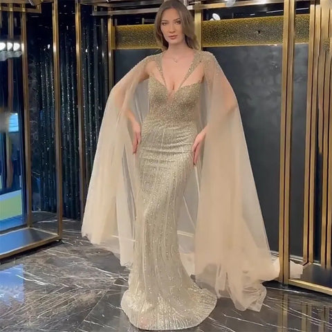 Vestido de noche de lujo estilo sirena azul, sexy, con escote en V, mangas tipo capa, adornado con cuentas, ideal para bodas y fiestas (LA72198) 