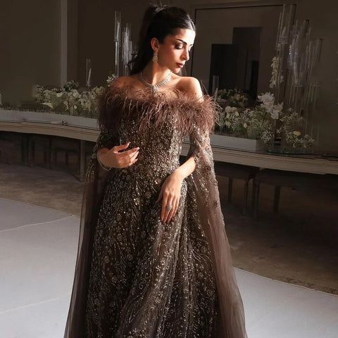 Off Shoulder Feathers Brown Evening Dress with Cape Sleeves LA72401