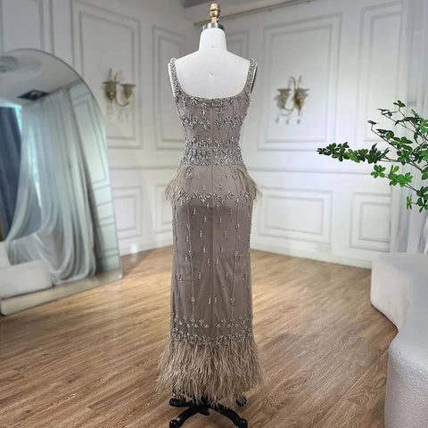 Caramel Mermaid Ankle Length Beaded Evening Dress Gown with Feathers LA71492B