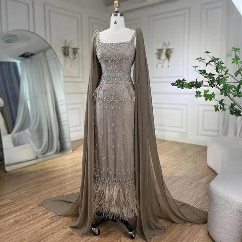Caramel Mermaid Ankle Length Beaded Evening Dress Gown with Feathers LA71492B