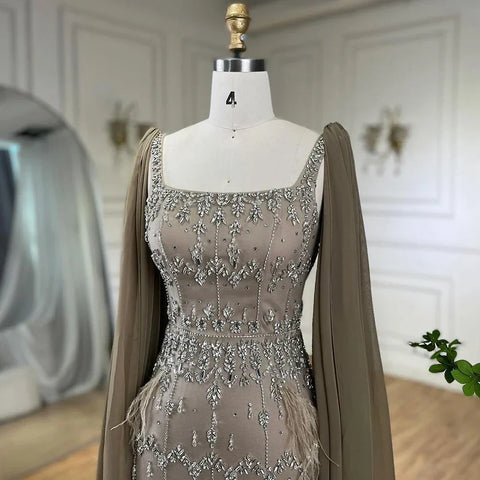 Caramel Mermaid Ankle Length Beaded Evening Dress Gown with Feathers LA71492B