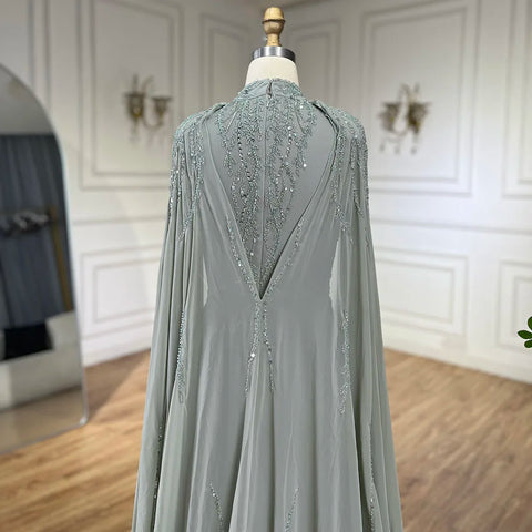 Muslim Sage Green Mermaid Cape Sleeves Beaded Satin Luxury Evening Dresses Gowns for Women Party 2025 LA72413A