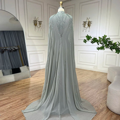 Muslim Sage Green Mermaid Cape Sleeves Beaded Satin Luxury Evening Dresses Gowns for Women Party 2025 LA72413A