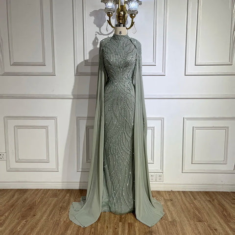Muslim Sage Green Mermaid Cape Sleeves Beaded Satin Luxury Evening Dresses Gowns for Women Party 2025 LA72413A