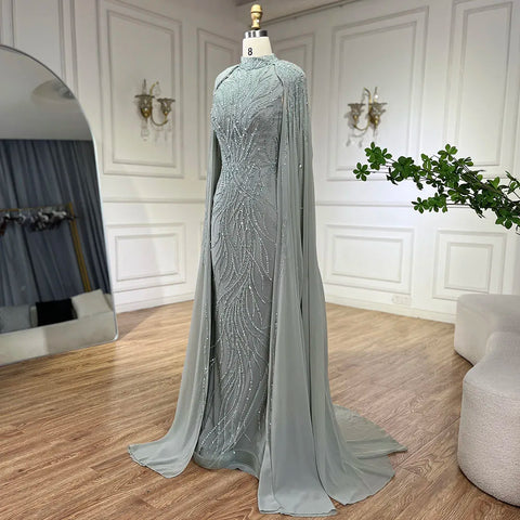 Muslim Sage Green Mermaid Cape Sleeves Beaded Satin Luxury Evening Dresses Gowns for Women Party 2025 LA72413A