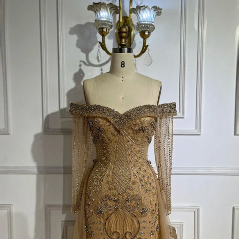 Robe de soirée élégante de luxe, couleur chair, style sirène, ornée de perles, avec surjupe LA72397