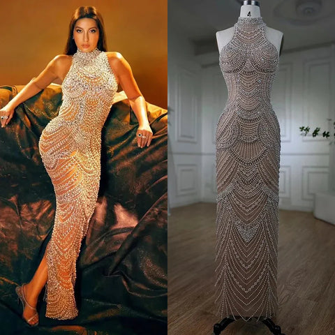 Silver nude Halter Sleeveless Pearls Beaded Mermaid Evening Gowns 2025 Elegant Party Dresses for Women LA72091