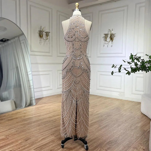 Silver nude Halter Sleeveless Pearls Beaded Mermaid Evening Gowns 2025 Elegant Party Dresses for Women LA72091