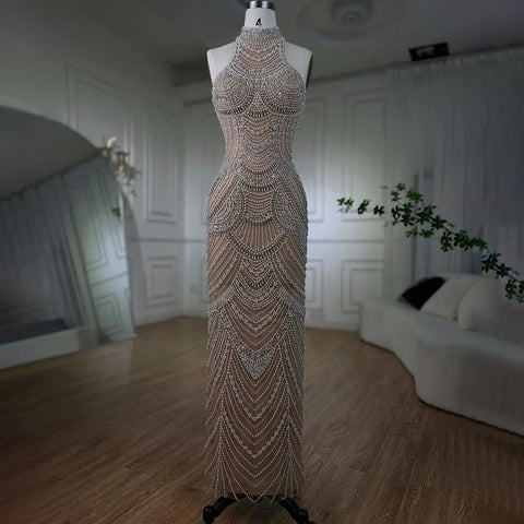 Silver nude Halter Sleeveless Pearls Beaded Mermaid Evening Gowns 2025 Elegant Party Dresses for Women LA72091