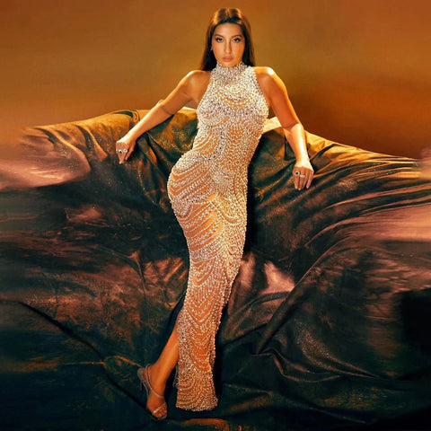 Silver nude Halter Sleeveless Pearls Beaded Mermaid Evening Gowns 2025 Elegant Party Dresses for Women LA72091