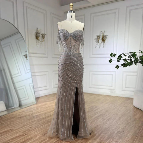 Sliver nude Boat Neck Split Mermaid Elegant Beaded Tassel Evening Dresses Gowns For Woman Wedding Party 2025 LA72391