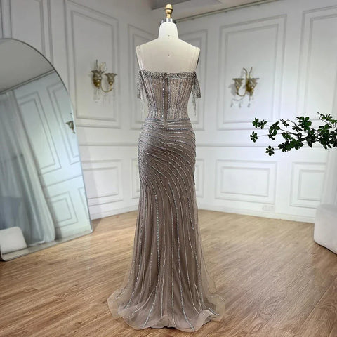 Sliver nude Boat Neck Split Mermaid Elegant Beaded Tassel Evening Dresses Gowns For Woman Wedding Party 2025 LA72391