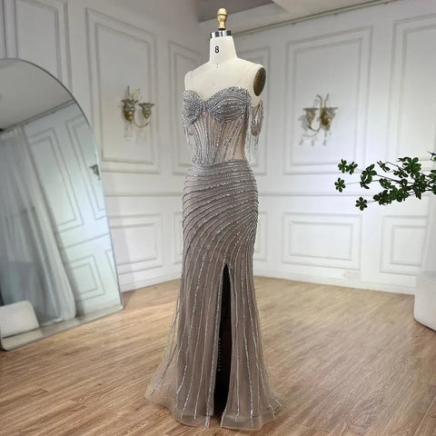 Sliver nude Boat Neck Split Mermaid Elegant Beaded Tassel Evening Dresses Gowns For Woman Wedding Party 2025 LA72391
