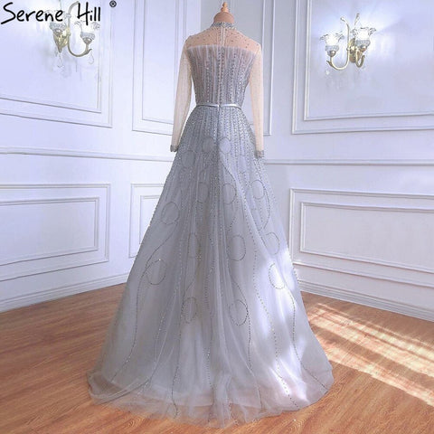 Ｍuslim Grey A-Line Luxury Evening Dresses Gowns 2025 Long Sleeves Beading For Woman Wedding Party LA71014