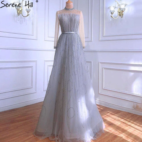 Ｍuslim Grey A-Line Luxury Evening Dresses Gowns 2025 Long Sleeves Beading For Woman Wedding Party LA71014