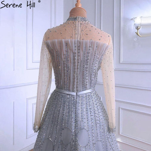 Ｍuslim Grey A-Line Luxury Evening Dresses Gowns 2025 Long Sleeves Beading For Woman Wedding Party LA71014