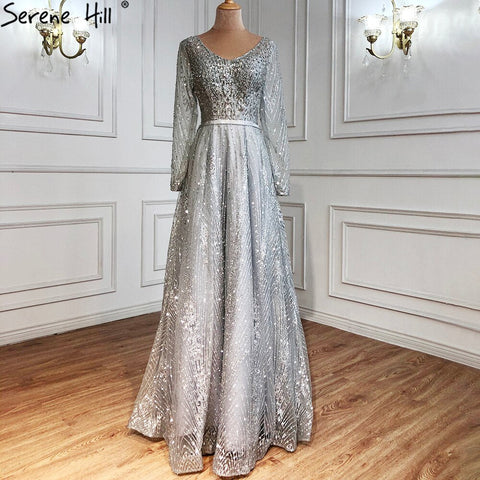Ｍuslim Luxury Grey Evening Dresses Gowns 2025 A-Line Beading Long Sleeves For Woman Wedding Party LA70819