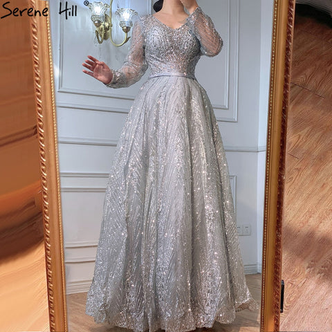 Ｍuslim Luxury Grey Evening Dresses Gowns 2025 A-Line Beading Long Sleeves For Woman Wedding Party LA70819