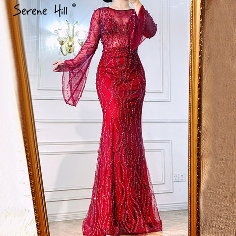 Ｍuslim Wine Red Luxury Evening Dresses Gowns 2025 Mermaid Beaded Elegant For Woman Wedding Party LA71144