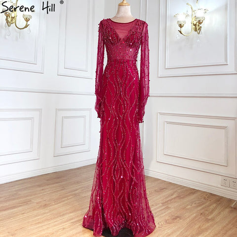 Ｍuslim Wine Red Luxury Evening Dresses Gowns 2025 Mermaid Beaded Elegant For Woman Wedding Party LA71144