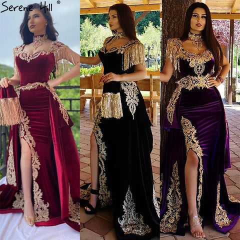 Velvet Wine Red With Detachable Train Evening Gowns   Split Luxury Tassel Sexy For Women Party 2025 LA70789